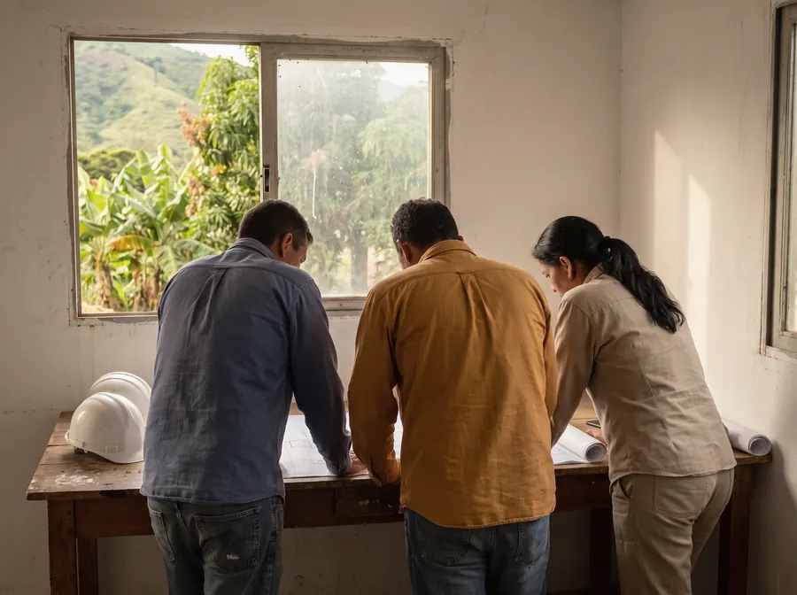 Tres profesionales inclinados sobre un plano en una oficina de obra, con cascos sobre la mesa